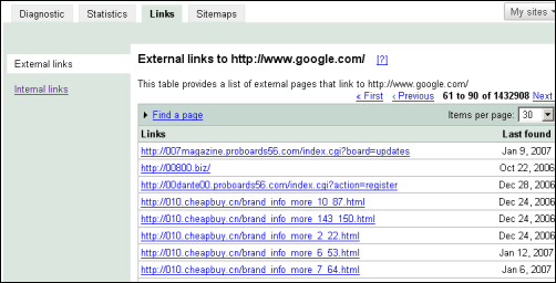 Zrzut ekranu linków Google
