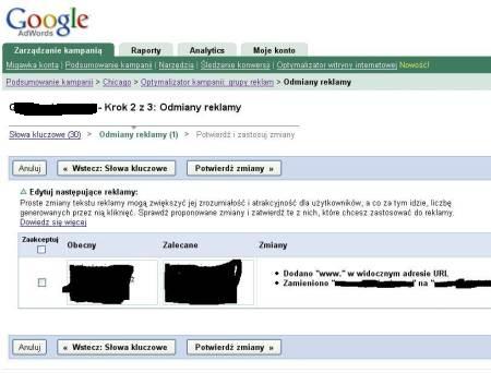 Optymalizator kampanii AdWords - propozycje zmian w tekstach reklamowych