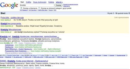 Zrzut ekranu linków sponsorowanych AdWords ponad wynikami wyszukiwania