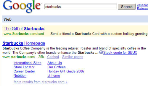 Opis wyniku wyszukiwania starbucks w Google