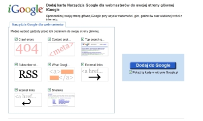 Wybranie opcji w gadżecie Google dla Webmasterów