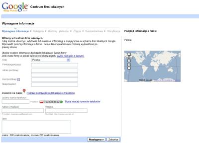 Dodanie firmy do polskiej wersji Google Maps - krok Wymagane informacje