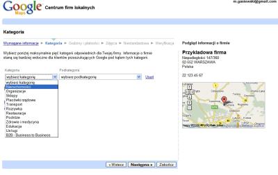 Dodanie firmy do polskiej wersji Google Maps - krok kategorie