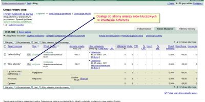 Dostęp do strony analizy słów kluczowych w interfejsie Google AdWords