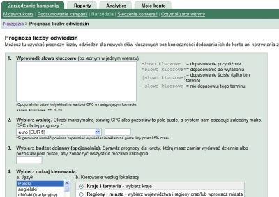Prognoza liczby odwiedzin w narzędziu Google AdWords