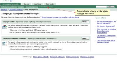 Optymalizator witryny w interfejsie AdWords