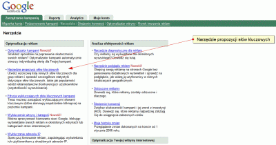 Narzędzie słów kluczowych w panelu AdWords