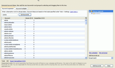 Narzędzie do tworzenia nowych słów kluczowych w Edytorze AdWords