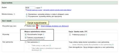 Opcje ustawień kampanii w koncie Google AdWords