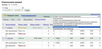 Widok kampanii w koncie Google AdWords