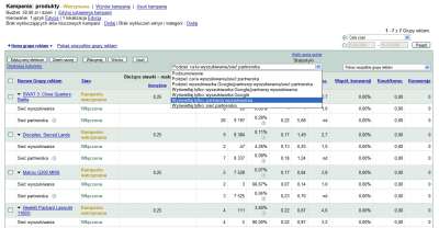 Widok grup reklamowych w koncie Google AdWords