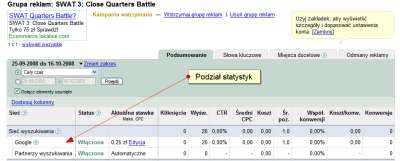 Widok słów kluczowych w koncie Google AdWords