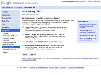 Narzędzia dla Webmasterów - Usuwanie treści