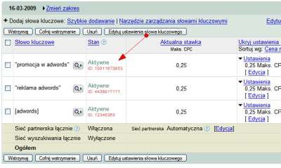 Identyfikatory w kampanii Google AdWords - słowa kluczowe