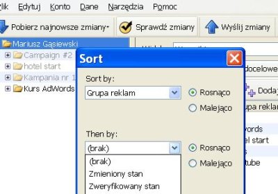 Sortowanie kolumn w edytorze AdWords
