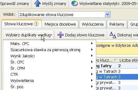 Zduplikowane slowa kluczowe w edytorze