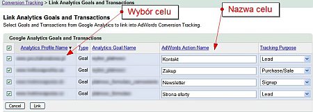 Wybierz cele lub transakcje, które mają być przekazywane z konta Google Analytics do interfejsu Google AdWords