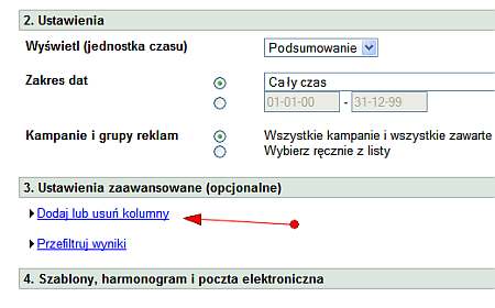 Ustawienia zaawansowane przy tworzeniu raportu AdWords