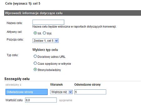 Strony na odwiedziny jako cel w Google Analytics