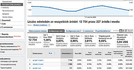 Grupy celow w źródłach odwiedzin w Google Analytics