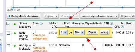 Preferencja pozycji w intefejsie Google AdWords