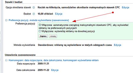 Preferencja pozycji w intefejsie Google AdWords