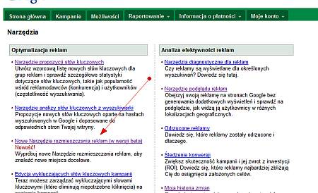 Narzędzie rozmieszczanie reklam w interfejsie Google AdWords