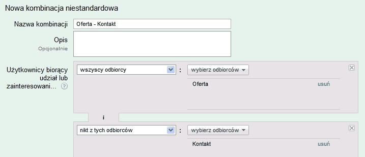 Remarketing w interfejsie Google AdWords - kombinacja niestandardowa