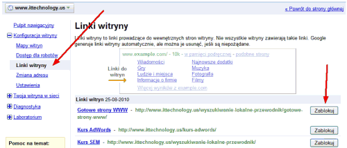 Linki witryny w Narzędziach dla webmasterów