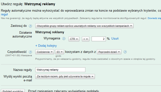 Automatyzacja w interfejsie AdWords