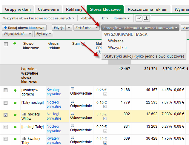 Analiza konkurencji w interfejsie AdWords