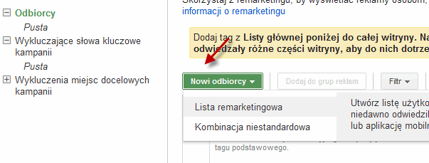 Lista remarketingowa w interfejsie AdWords
