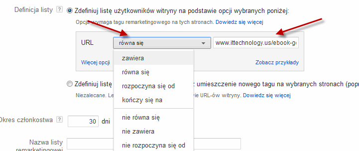 Szczegóły listy remarketingowej w interfejsie AdWords