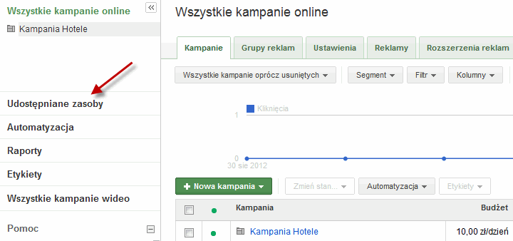 Udostępnione zasoby w interfejsie AdWords