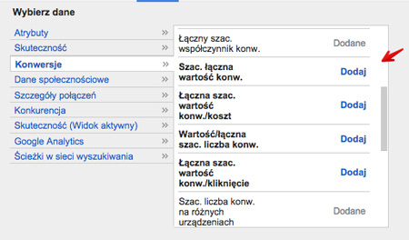 Dodatkowe metryki - szacunkowe konwersje w interfejsie AdWords